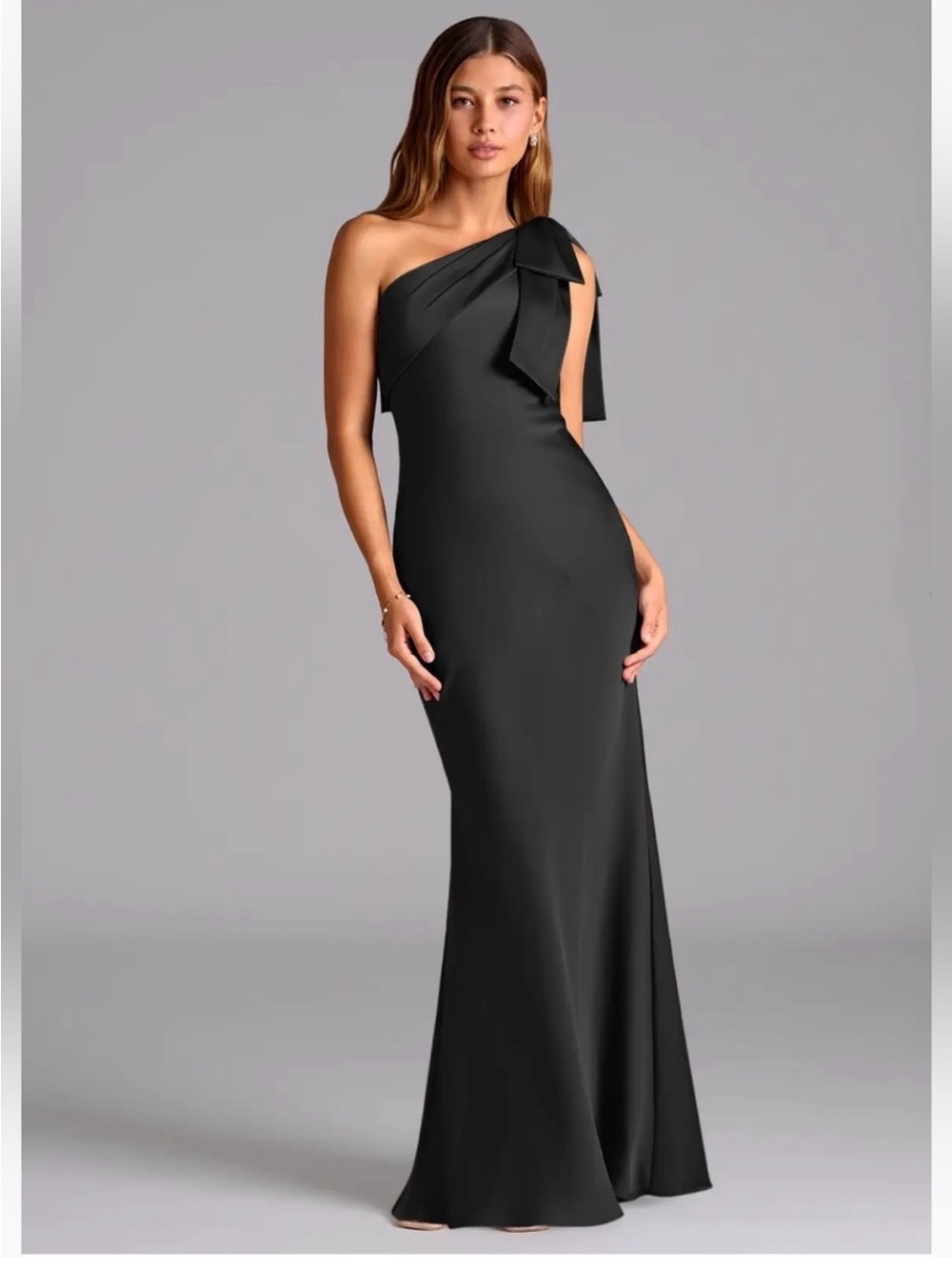 Azazie Yuanna Black Mermaid One Shoulder Stretch Satin Dress
